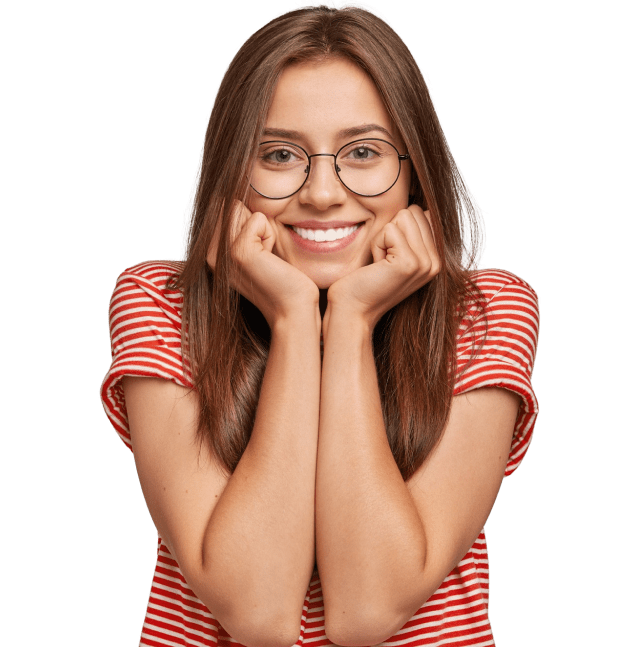 A girl in a glasses is smiling