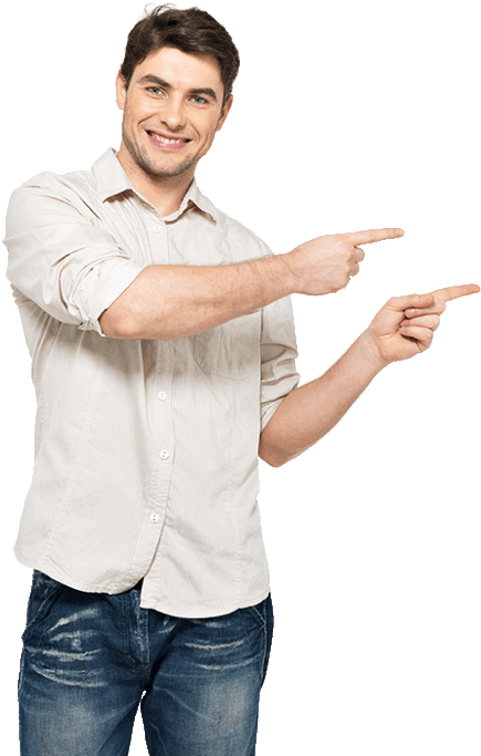A man is smiling and pointing to the right