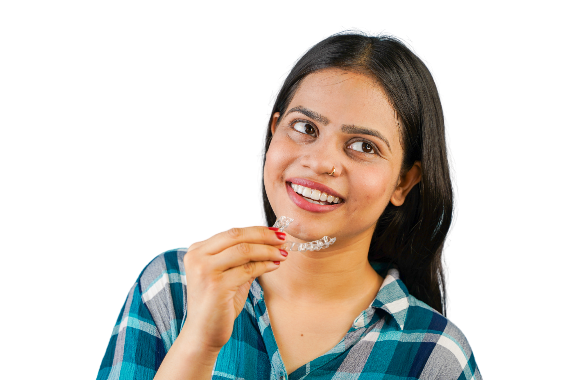 Woman is happily smiling with a perfect smile